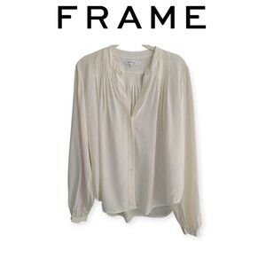 Frame Off White Silk Pleated Blouse Long Sleeve Button Front Size Small Womens